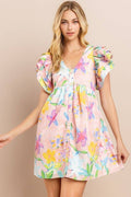 [Size L] Floral Printed Dress in Blush | V Neckline Button Down Mini Pung.G