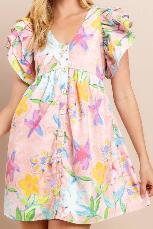[Size L] Floral Printed Dress in Blush | V Neckline Button Down Mini Pung.G
