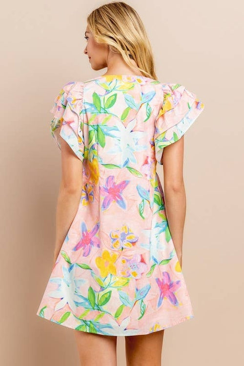 [Size L] Floral Printed Dress in Blush | V Neckline Button Down Mini Pung.G