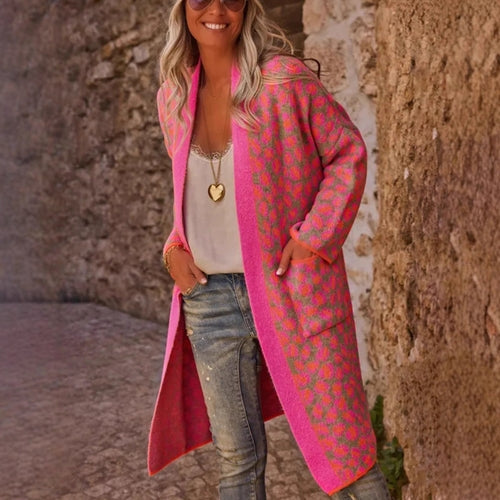 Contrast Color Leopard Print Long Knitwear Fashion Retro Pocket Pung.G
