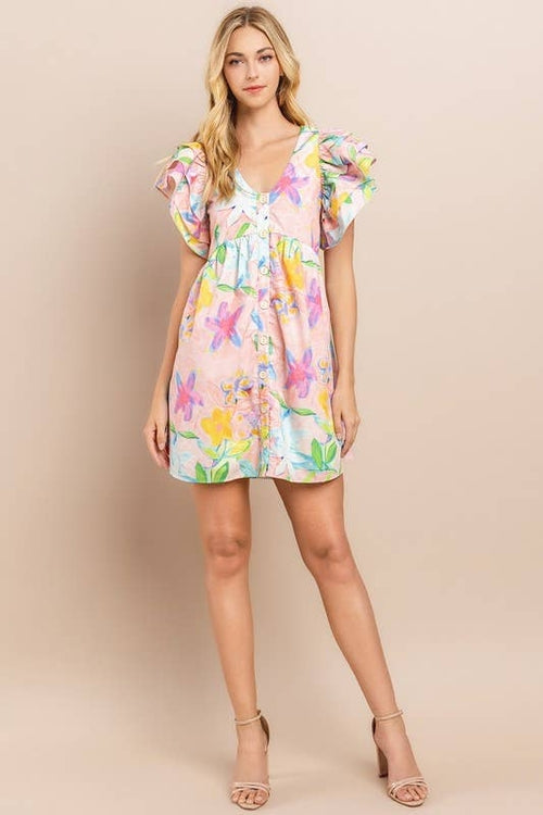 [Size L] Floral Printed Dress in Blush | V Neckline Button Down Mini Pung.G