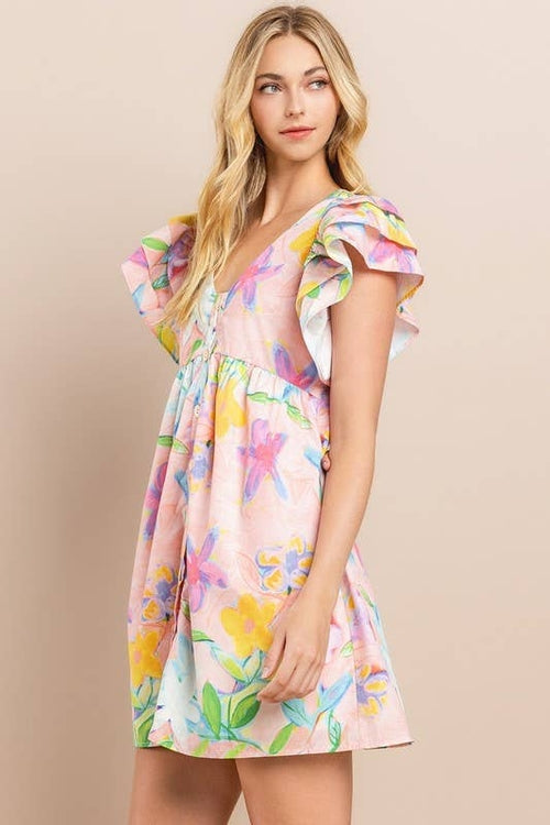 [Size L] Floral Printed Dress in Blush | V Neckline Button Down Mini Pung.G