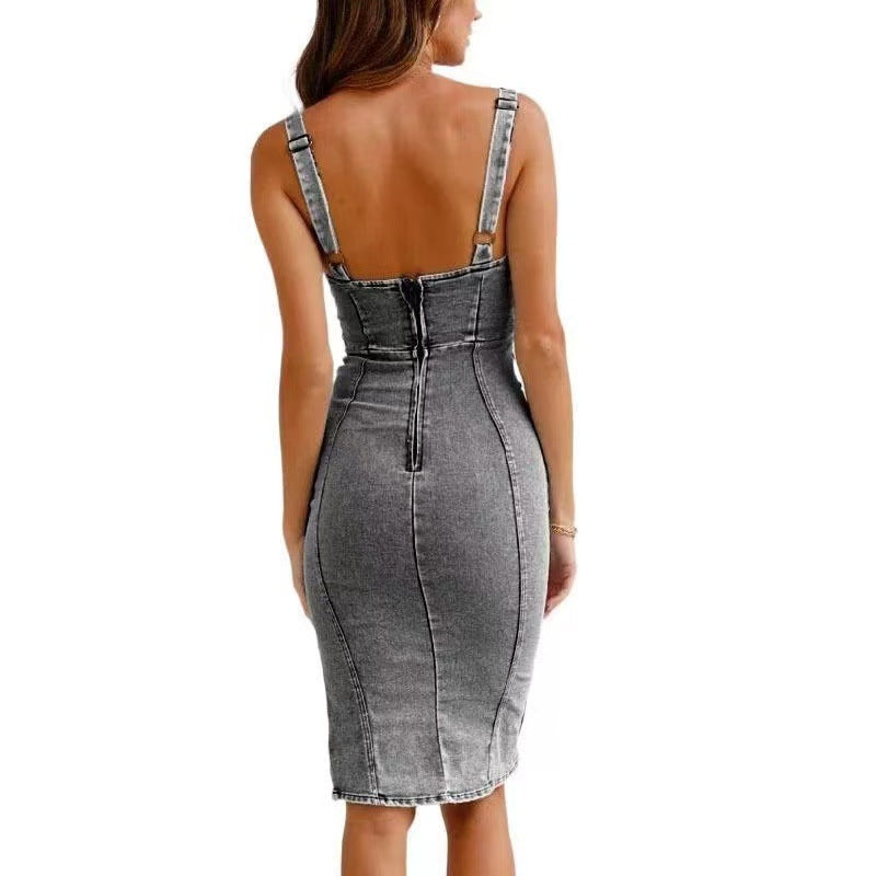 New European and American Cross-Border Amazon U-Neck Distressed Casual Style Suspender Dress Denim Dress 6336 Pung.G