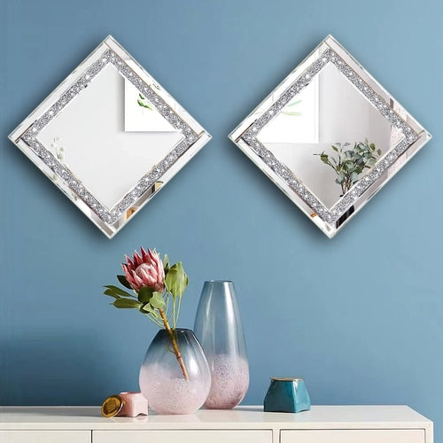 Crystal Crush Diamond Silver Mirror Set 12x12 Inch 2 Pieces Pung.G