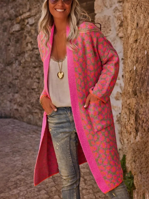Contrast Color Leopard Print Long Knitwear Fashion Retro Pocket Pung.G