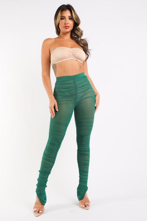 Casual Ruched Mesh Elastic Waist Sexy Leggings Slit Hem KELLY GREEN Pung.G