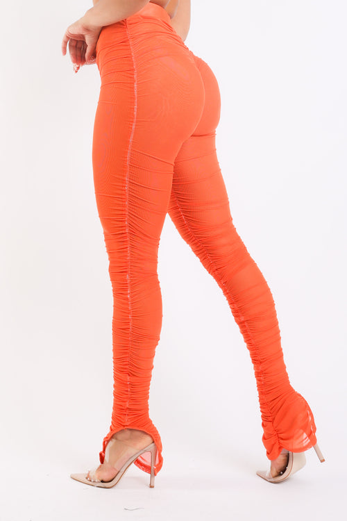 Casual Ruched Mesh Elastic Waist Sexy Leggings Slit Hem ORANGE Pung.G