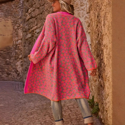 Contrast Color Leopard Print Long Knitwear Fashion Retro Pocket Pung.G