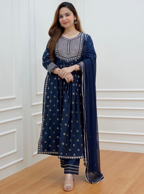 Women Dark Blue Rayon embroidery work nyra cut Kurti with pant and Pung.G