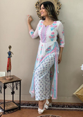 Women White Rayon printed nyra cut Kurti with pant set Size L Pung.G