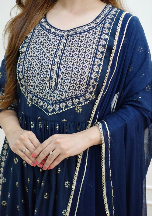 Women Dark Blue Rayon embroidery work nyra cut Kurti with pant and Pung.G