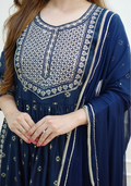 Women Dark Blue Rayon embroidery work nyra cut Kurti with pant and Pung.G
