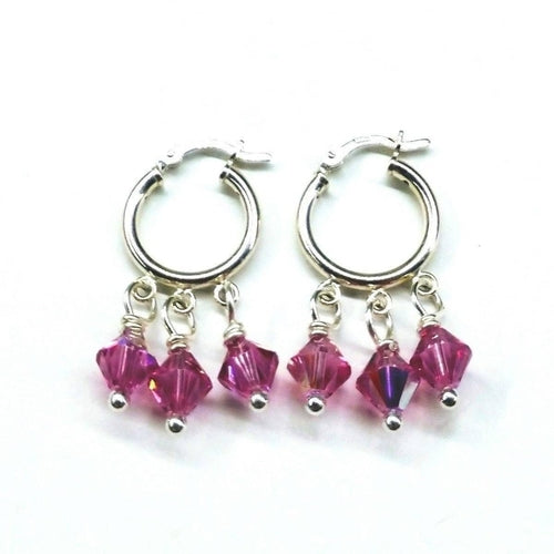 Mini Sterling Silver Hoop Pink Crystal Dangle Earrings Pung.G