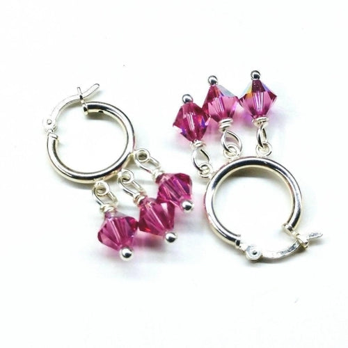 Mini Sterling Silver Hoop Pink Crystal Dangle Earrings Pung.G
