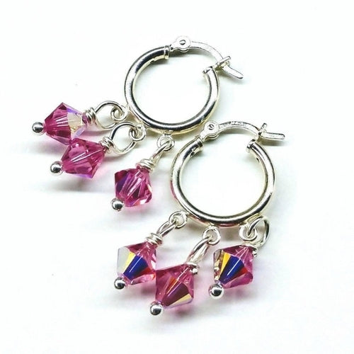 Mini Sterling Silver Hoop Pink Crystal Dangle Earrings Pung.G