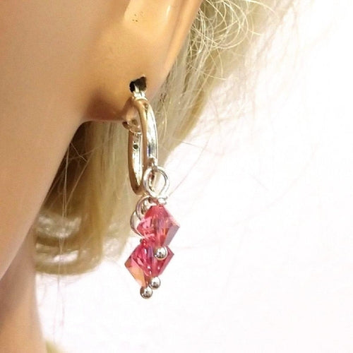 Mini Sterling Silver Hoop Pink Crystal Dangle Earrings Pung.G