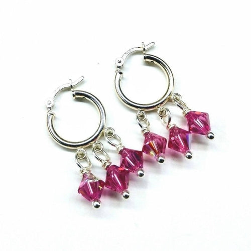 Mini Sterling Silver Hoop Pink Crystal Dangle Earrings Pung.G