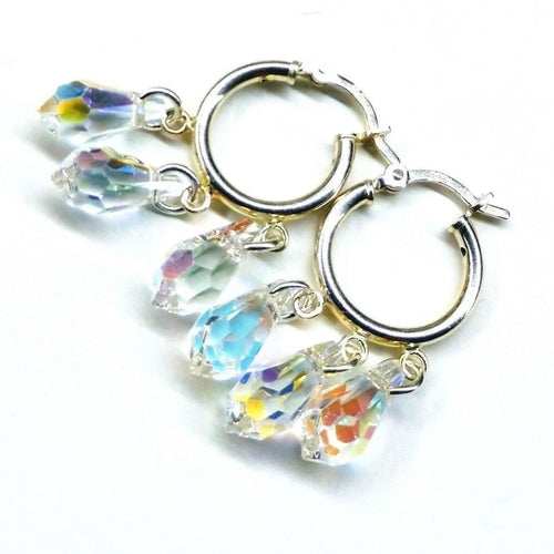 Sterling Silver Hoop Sparkly Crystal Drop Dangle Earrings Pung.G