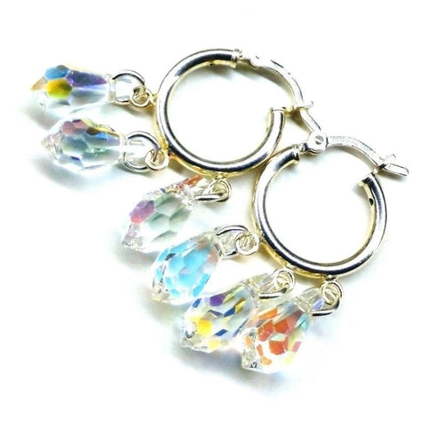 Sterling Silver Hoop Sparkly Crystal Drop Dangle Earrings Pung.G