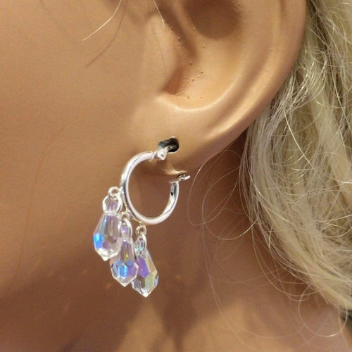 Sterling Silver Hoop Sparkly Crystal Drop Dangle Earrings Pung.G