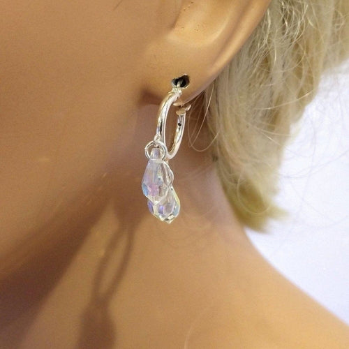 Sterling Silver Hoop Sparkly Crystal Drop Dangle Earrings Pung.G